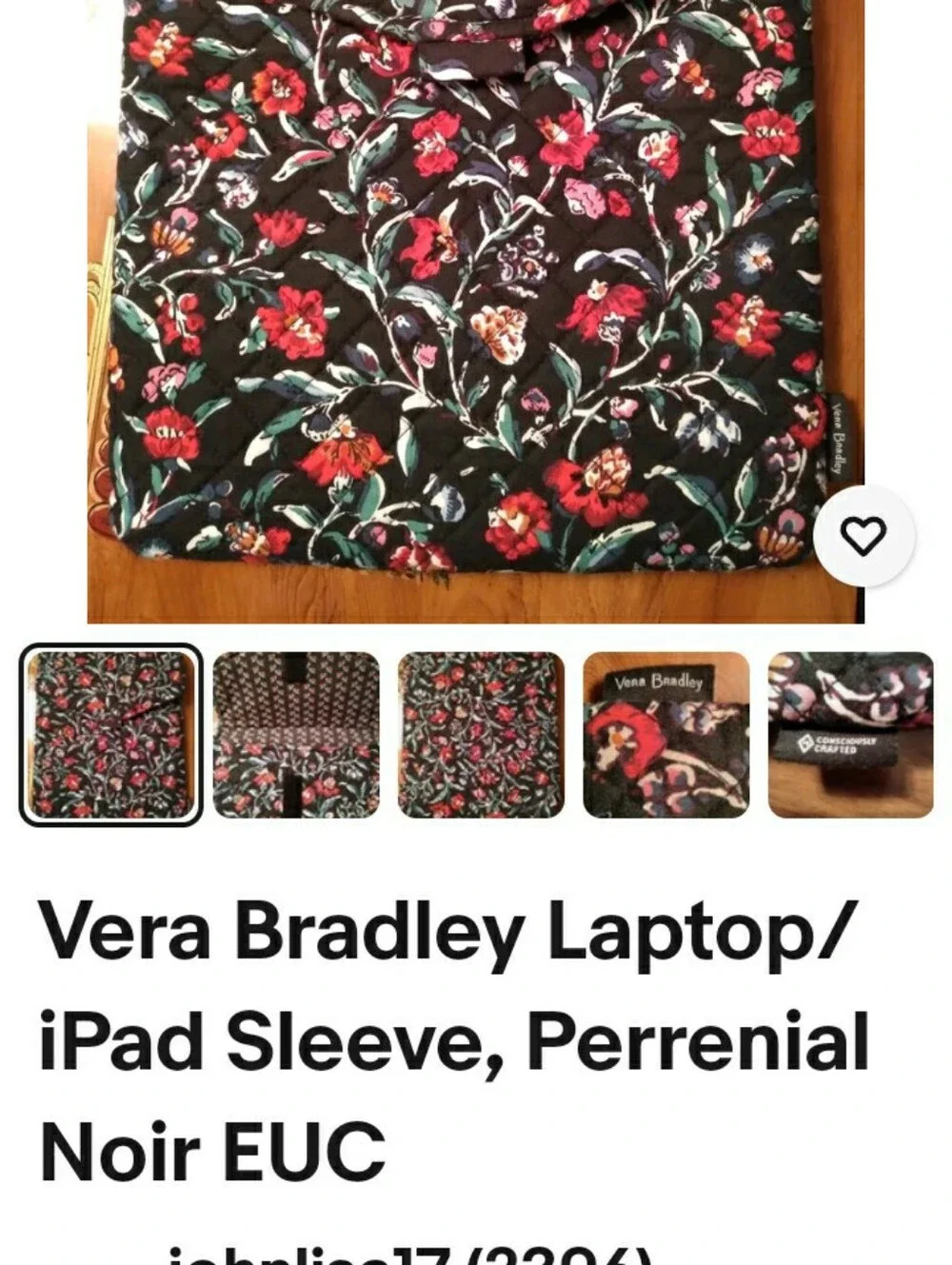Vera Bradley Laptop/iPad Sleeve, Perrenial Noir, In Excellent Condition